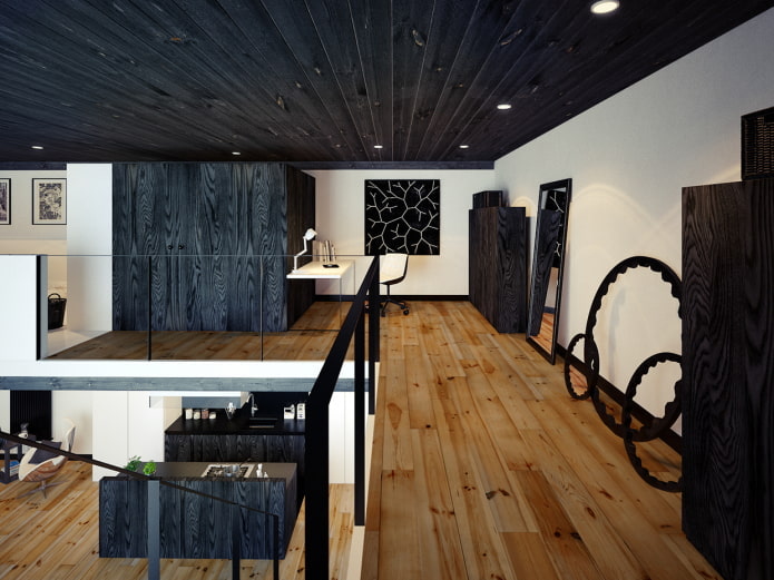 trần nhà làm bằng gỗ màu đen trong nội thất