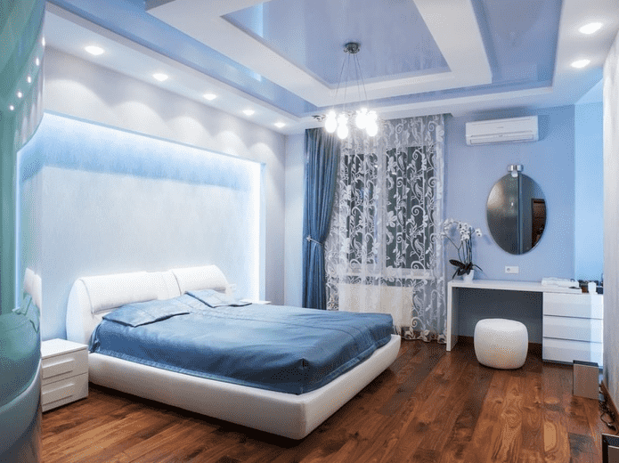 cấu trúc căng thẳng màu xanh trong phòng ngủ