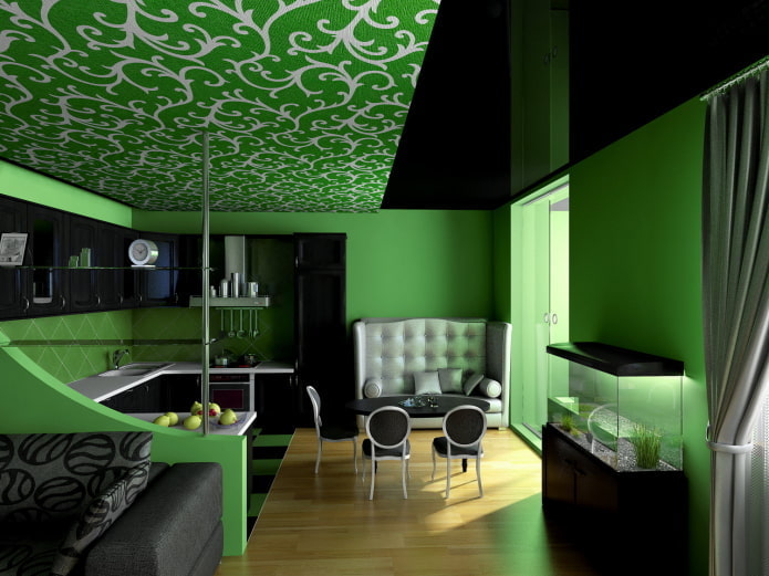 žalia lubų konstrukcija su raštais