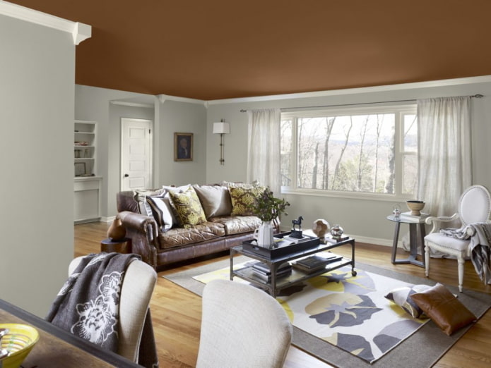 hnedá stropná konštrukcia v obývacej izbe