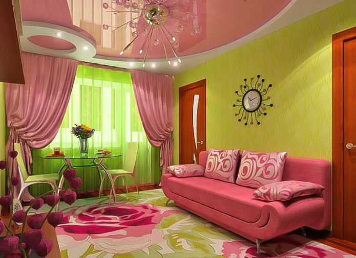 giấy dán tường màu xanh lá cây và trần nhà màu hồng
