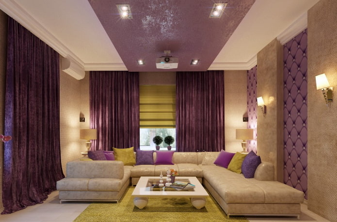 fialová závěsná konstrukce v obývacím pokoji