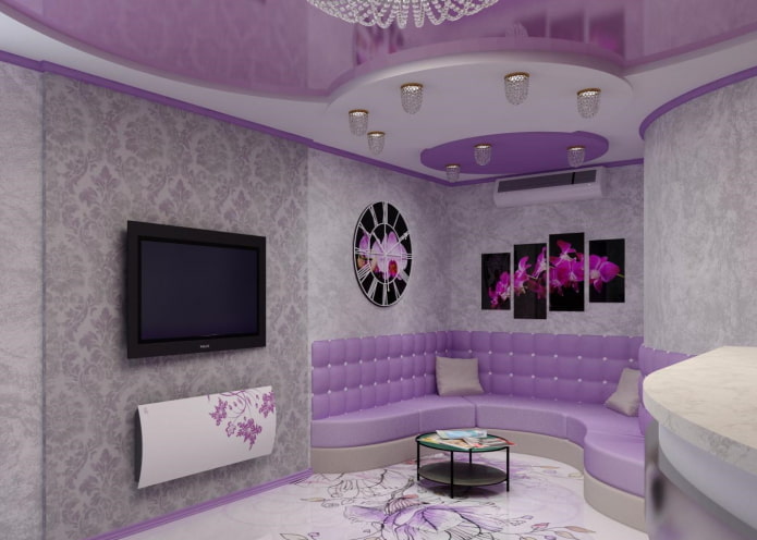 violetti katto harmailla seinillä