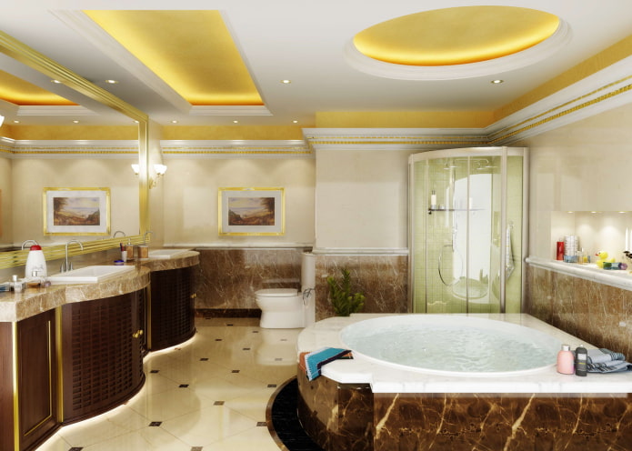 zelta griesti vannas istabas interjerā