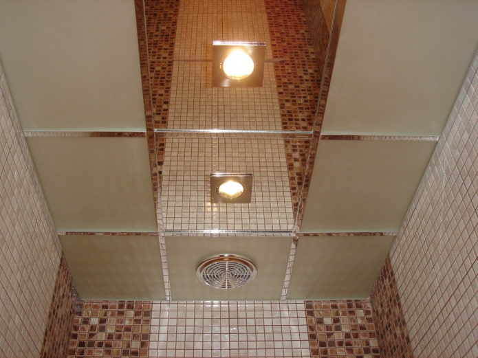 veidrodinė lubų konstrukcija vonios kambaryje