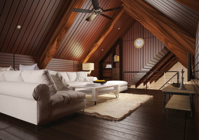 cấu trúc trần gỗ trong phòng khách trên gác mái