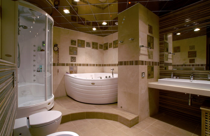 veidrodinių lubų dizainas vonios kambaryje
