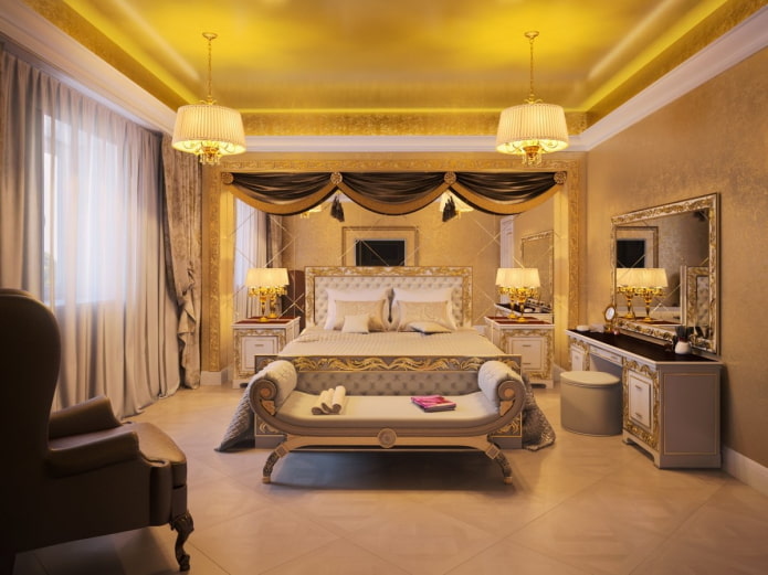yatak odasının iç kısmında altın tavan