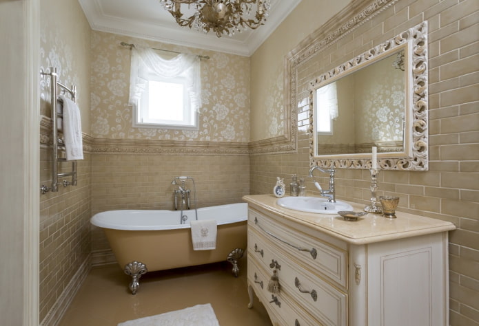 reka bentuk dinding di bahagian dalam bilik mandi dengan gaya klasik