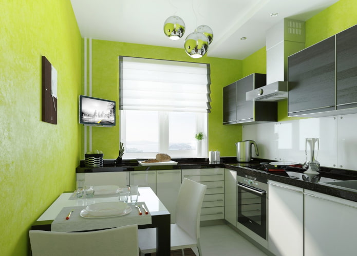 žalios sienos virtuvės interjere