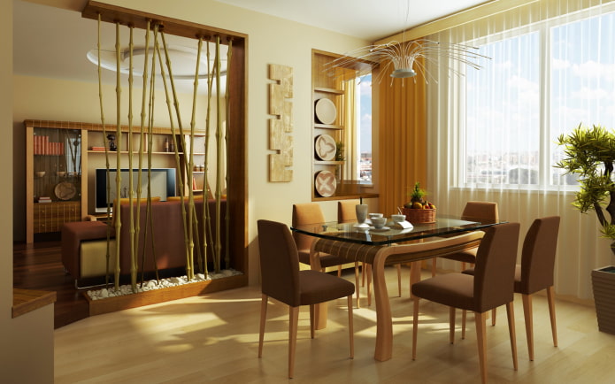 bambusová přepážka v interiéru kuchyně a obývacího pokoje