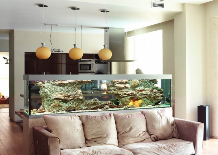 osio akvaarion kanssa keittiö-olohuoneen sisätiloissa