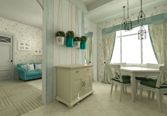 priečka v interiéri kuchyne-obývacia izba v štýle Provence