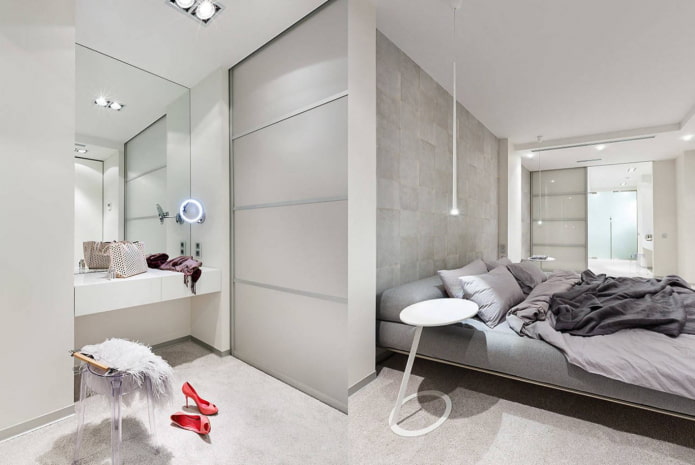 mirall a l'interior del dormitori a l'estil del minimalisme