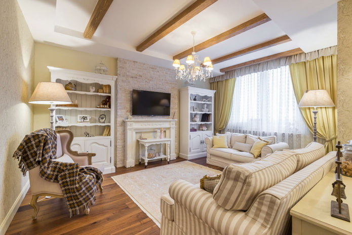 lò sưởi và TV trong nội thất của phòng khách theo phong cách Provence
