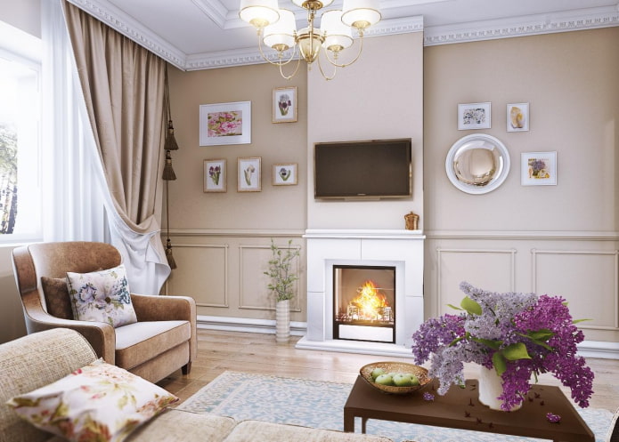 lò sưởi và TV trong nội thất của phòng khách theo phong cách Provence