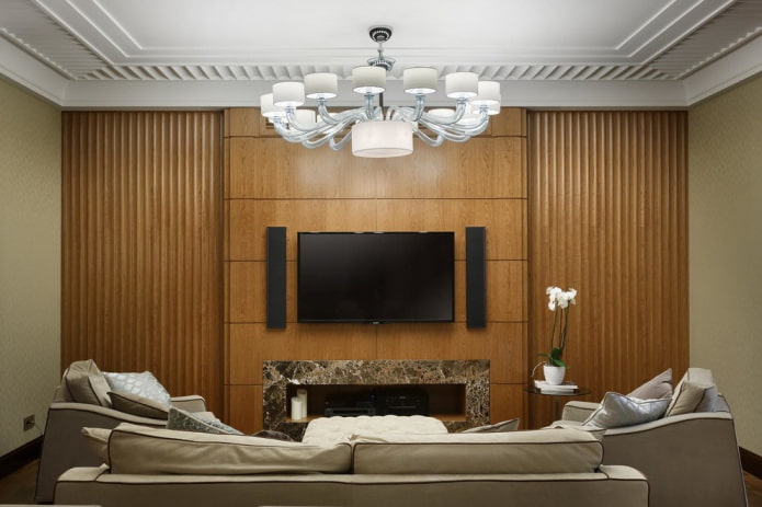 TV priestor so stenou z dreva v interiéri
