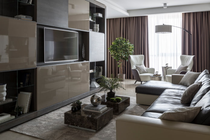 Televize zabudovaná do nábytku v interiéru obývacího pokoje