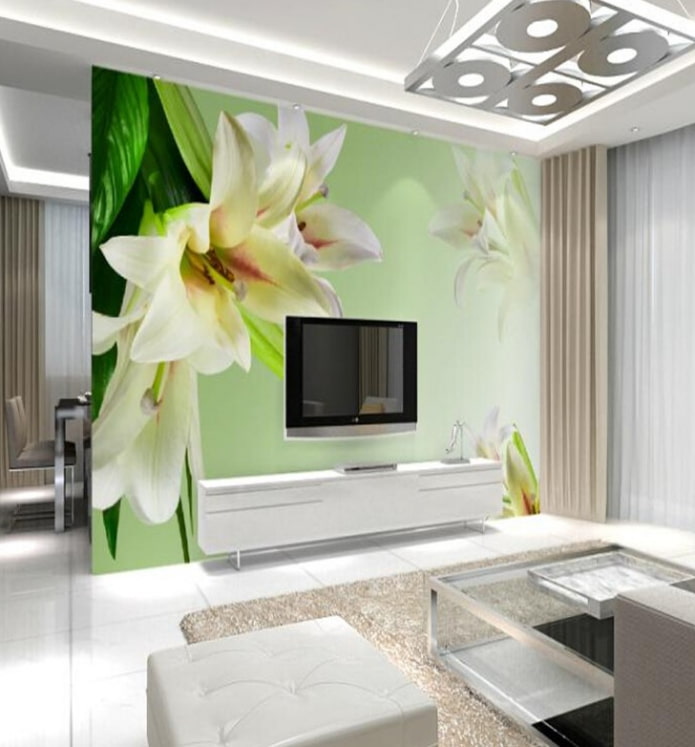 Zona de TV amb paret amb flors a l'interior