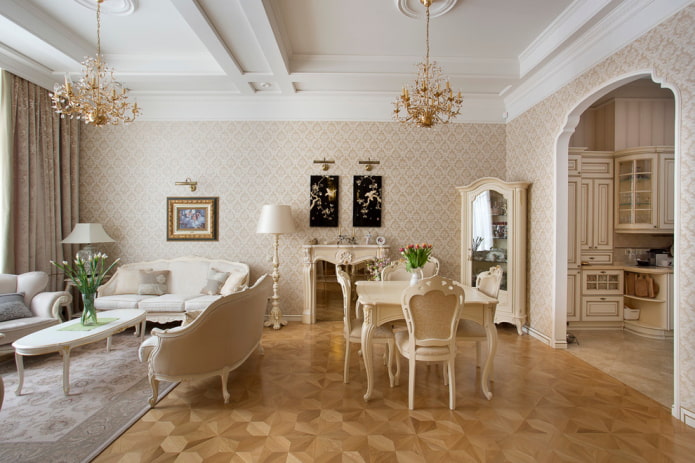 oblouk v interiéru obývacího pokoje v klasickém stylu