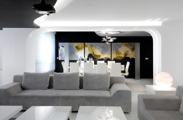 arka dzīvojamās istabas interjerā augsto tehnoloģiju stilā