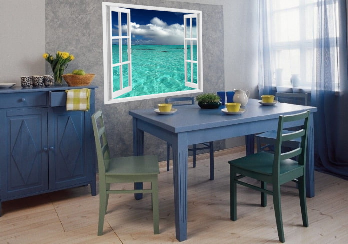 bàn màu xanh làm bằng gỗ trong nội thất