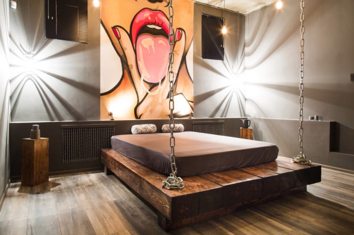 дървено легло в стил таванско помещение