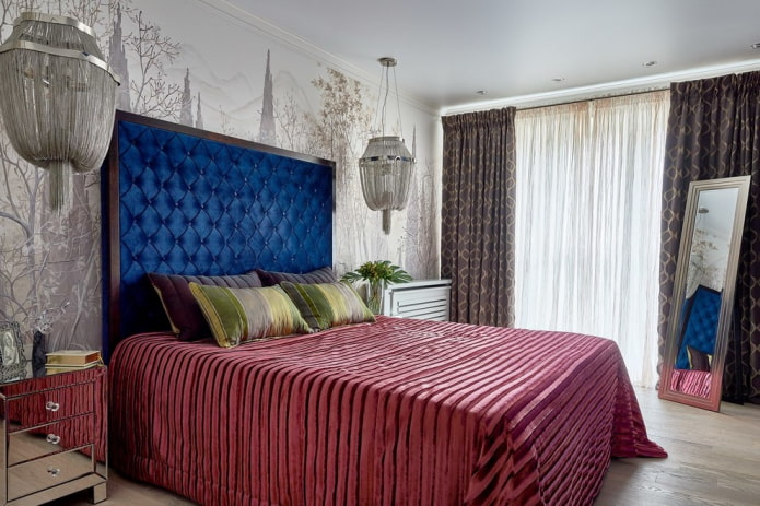 giường có đầu giường bằng vải nỉ trong nội thất