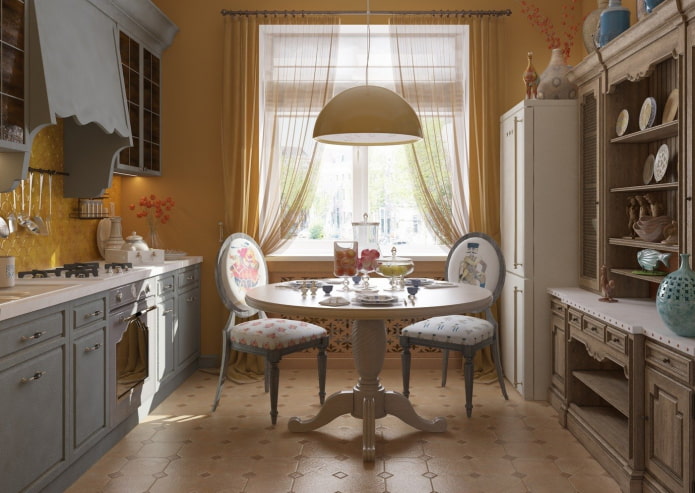 apvalus stalas Provanso stiliaus virtuvėje