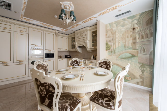 apvalus stalas virtuvėje klasikinio stiliaus