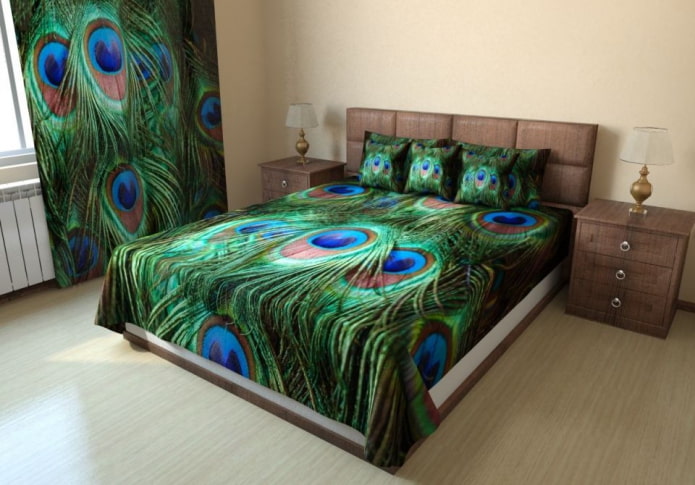 seng med sengetæppe med fotoprint i soveværelset