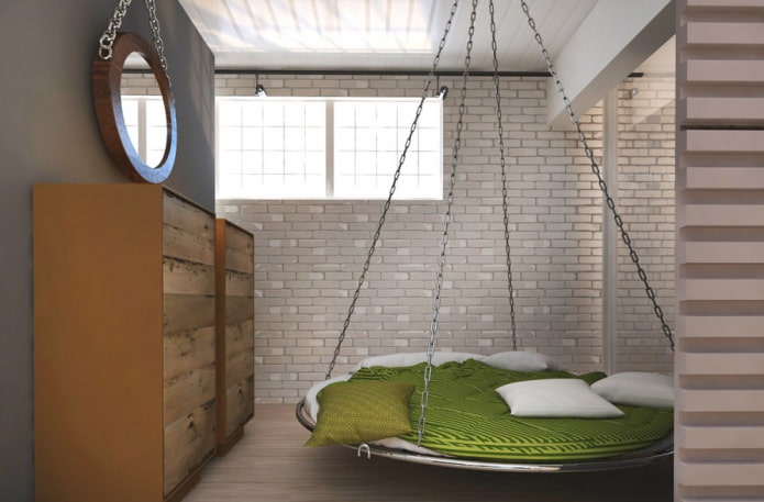 giường tròn trên một hệ thống treo trong nội thất