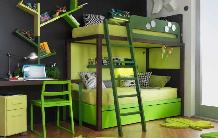 çocuk odasında ranza yeşil yatak
