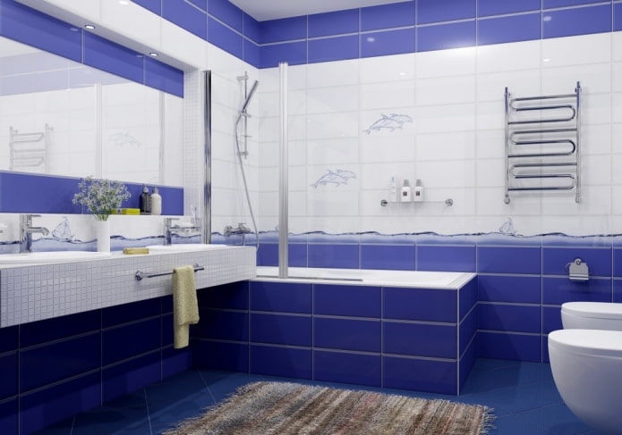 jubin putih dan biru di bahagian dalam bilik mandi