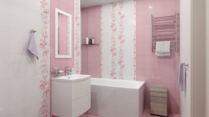 baltas un rozā flīzes vannas istabas interjerā