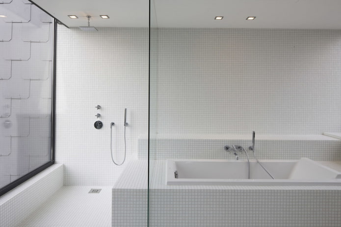 אריחים קטנים בצבע לבן בחלק הפנימי של חדר האמבטיה
