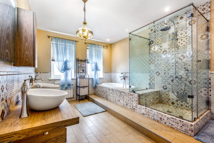 bilik mandi yang diperbuat daripada jubin gaya Provence