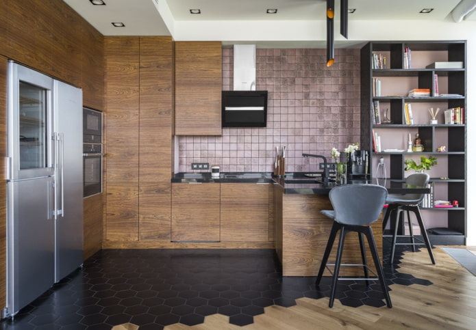 grindų plytelės virtuvėje šiuolaikiniu stiliumi