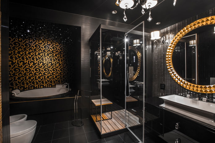 phòng tắm đen và vàng
