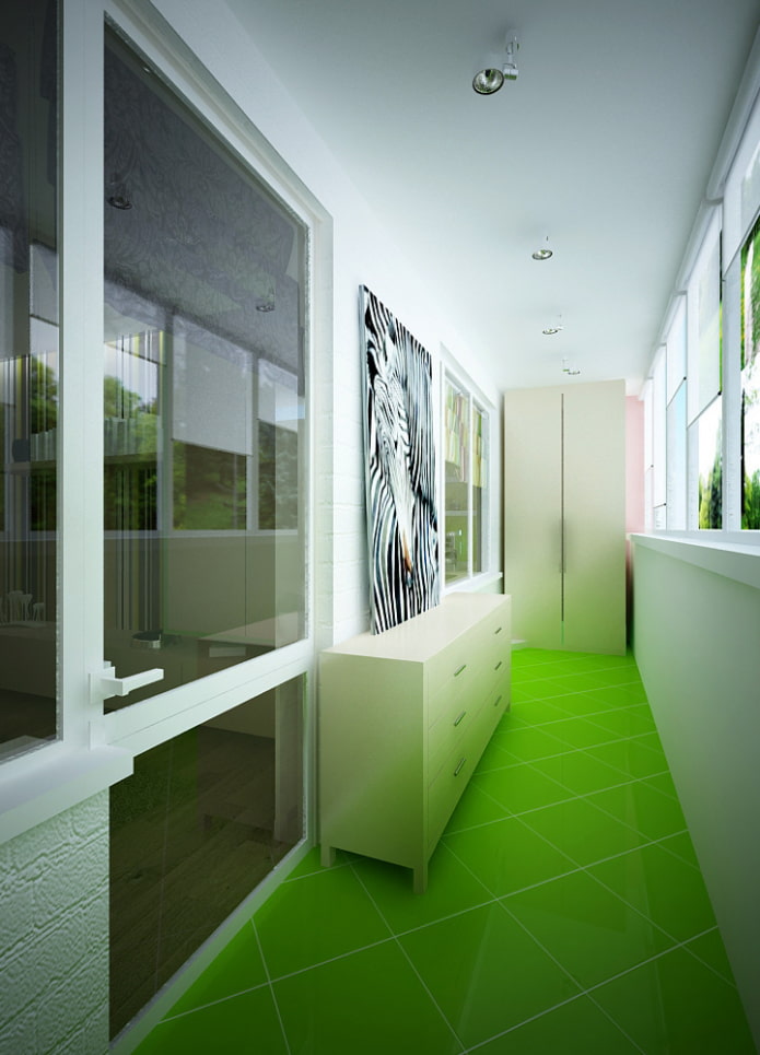 zelené dlaždice na podlahe v interiéri balkóna