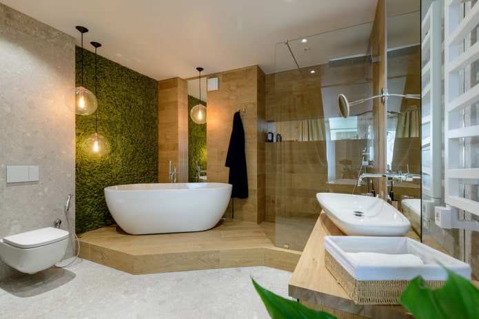 אריחי אפקט עץ בחדר האמבטיה בסגנון אקולוגי
