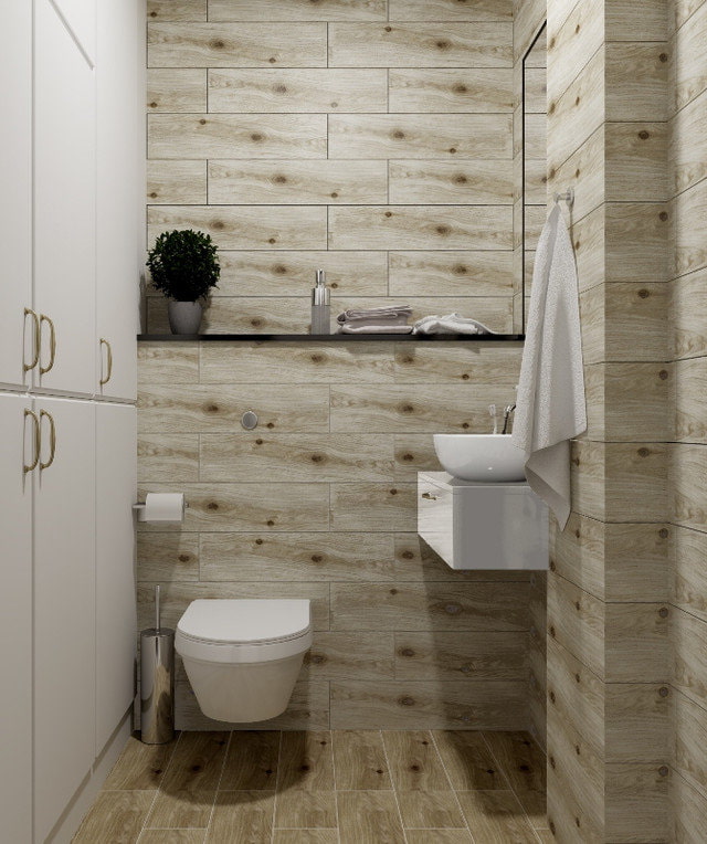 conception de carreaux imitation bois à l'intérieur de la salle de bain