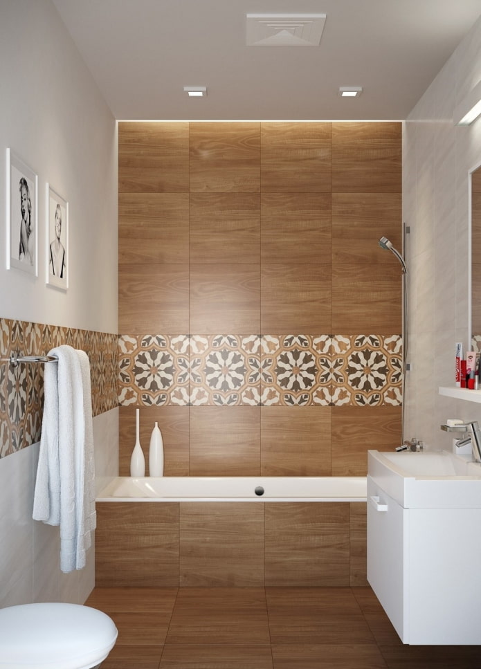 dizajn kachlí s efektom dreva v interiéri kúpeľne