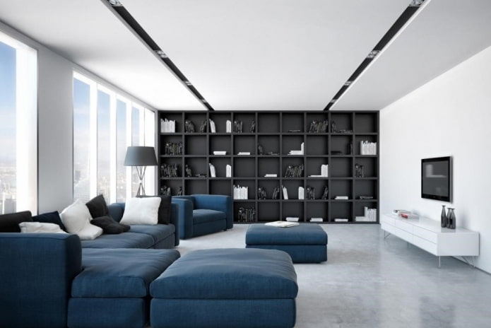 sininen sohva minimalismin tyyliin