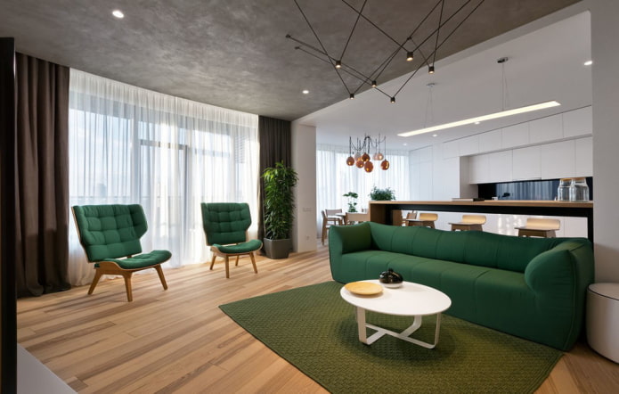 žalia sofa moderniu stiliumi