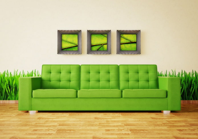 rūgščiai žalia sofa interjere