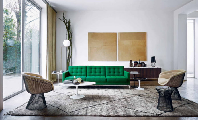 ghế sofa màu xanh lá cây kết hợp với ghế bành