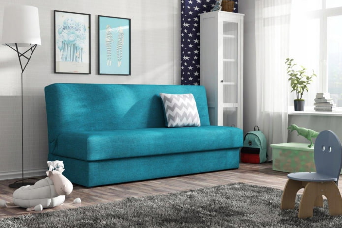 ghế sofa màu ngọc lam trong nội thất của nhà trẻ