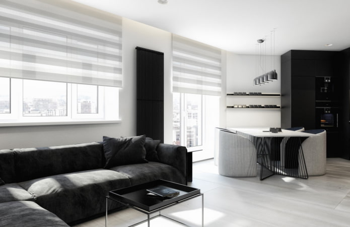 sofa virtuvės interjere minimalizmo stiliumi