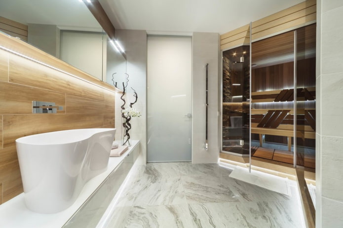 marmorivaikutteiset laatat kylpyhuoneen sisustuksessa